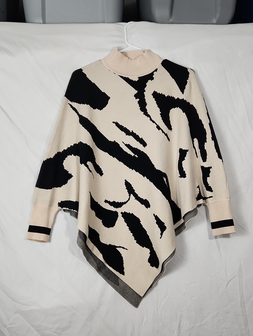 Cream & Black Animal-Print Poncho Sweater with Mock Neck - Picture 3 of 8